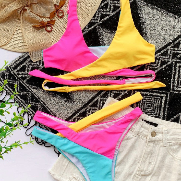 Color Ladies Split Bikini Set Cross Adjustable Strap Swimsuit Stitching Swimwear High Waist Wsummer Bikini Set AMAIO