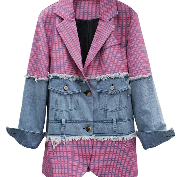 Colorblock Patchwork Denim Jackets For Women Lapel Long Sleeve Casual Autumn Jacket Female Fashion Clothing