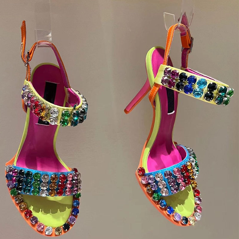 Colorful  Crystal Rivets High Heels Buckle Women Sandals Evening Party Pumps Patchwork Women&#39;s Summer Shoes AMAIO