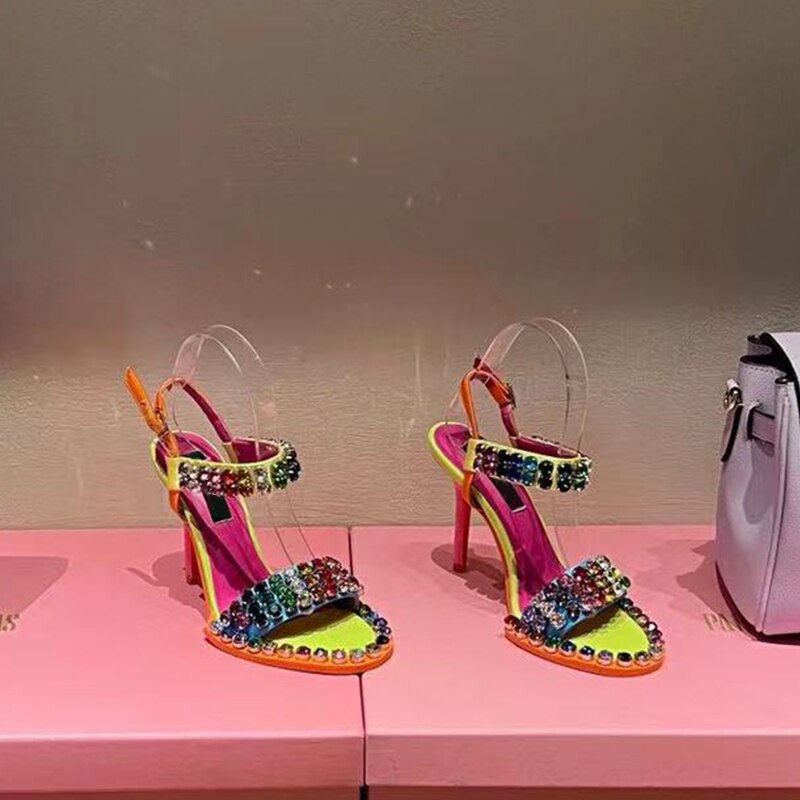 Colorful  Crystal Rivets High Heels Buckle Women Sandals Evening Party Pumps Patchwork Women&#39;s Summer Shoes AMAIO