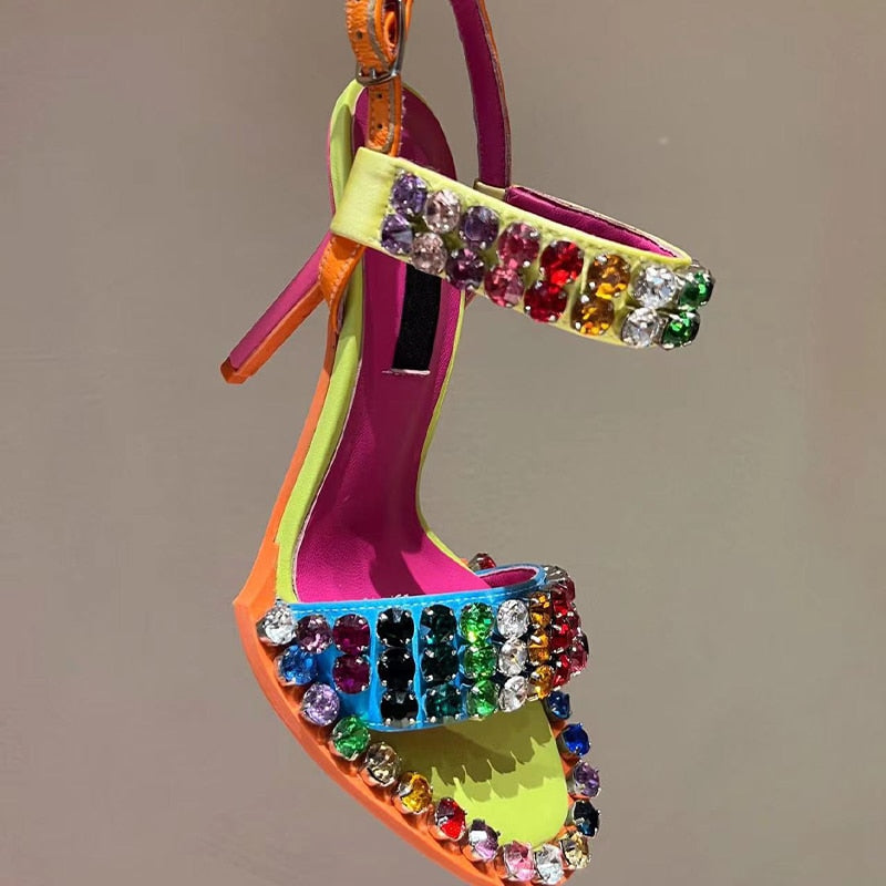Colorful  Crystal Rivets High Heels Buckle Women Sandals Evening Party Pumps Patchwork Women&#39;s Summer Shoes AMAIO