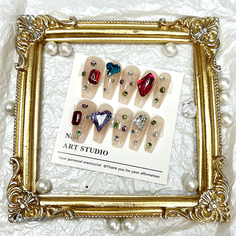Colorful Glittery Rhinestone Press On Nails Y2K Handmade Long CoffinFalse NailsTips Reusable Fake Nail With Glue Manicure Gift