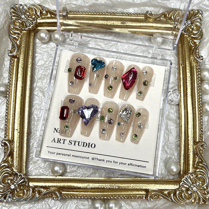 Colorful Glittery Rhinestone Press On Nails Y2K Handmade Long CoffinFalse NailsTips Reusable Fake Nail With Glue Manicure Gift
