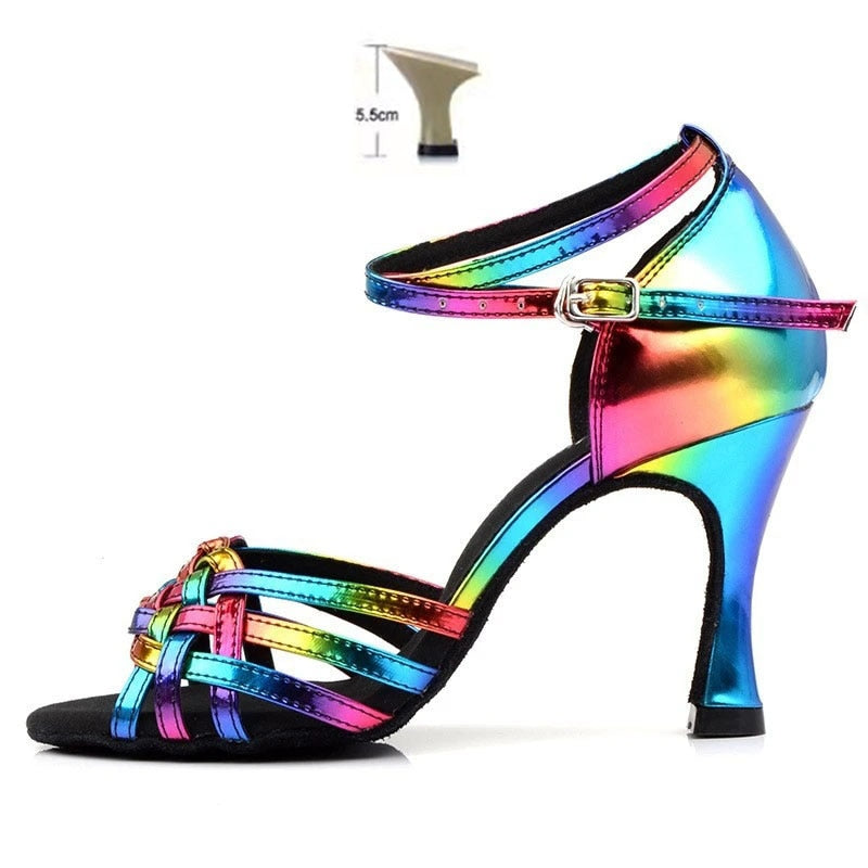 Colorful Latin Dance Shoes for Women Soft Bottom Indoor High Heels Sandals Practice Wedding Heel 5.5cm