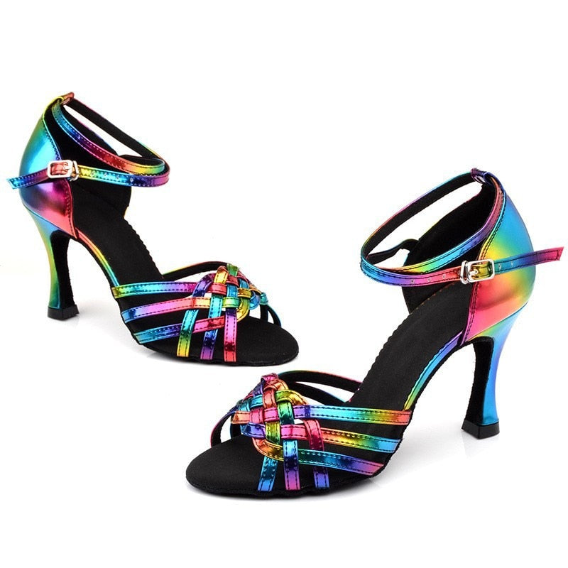 Colorful Latin Dance Shoes for Women Soft Bottom Indoor High Heels Sandals Practice Wedding