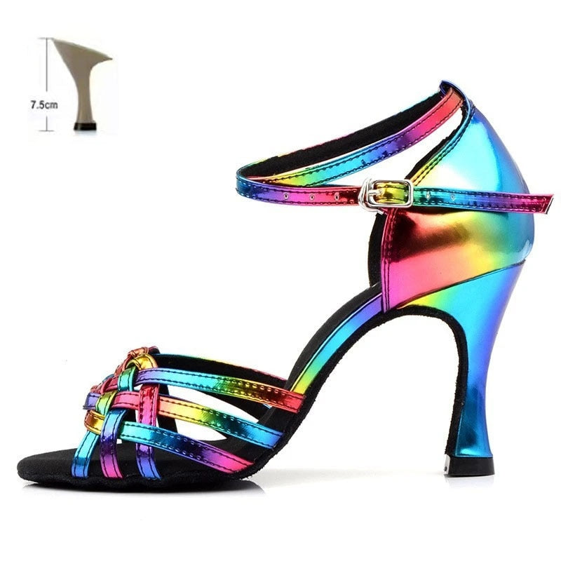 Colorful Latin Dance Shoes for Women Soft Bottom Indoor High Heels Sandals Practice Wedding Heel 7.5cm