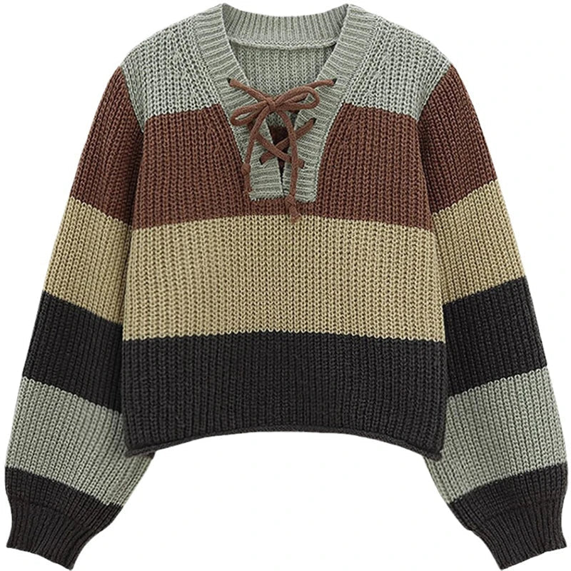 Contrast Lace-Up V-Neck Sweater Ladies Preppy Style Basic Long Sleeve Knitted Pullovers Women Autumn Loose Knitwear