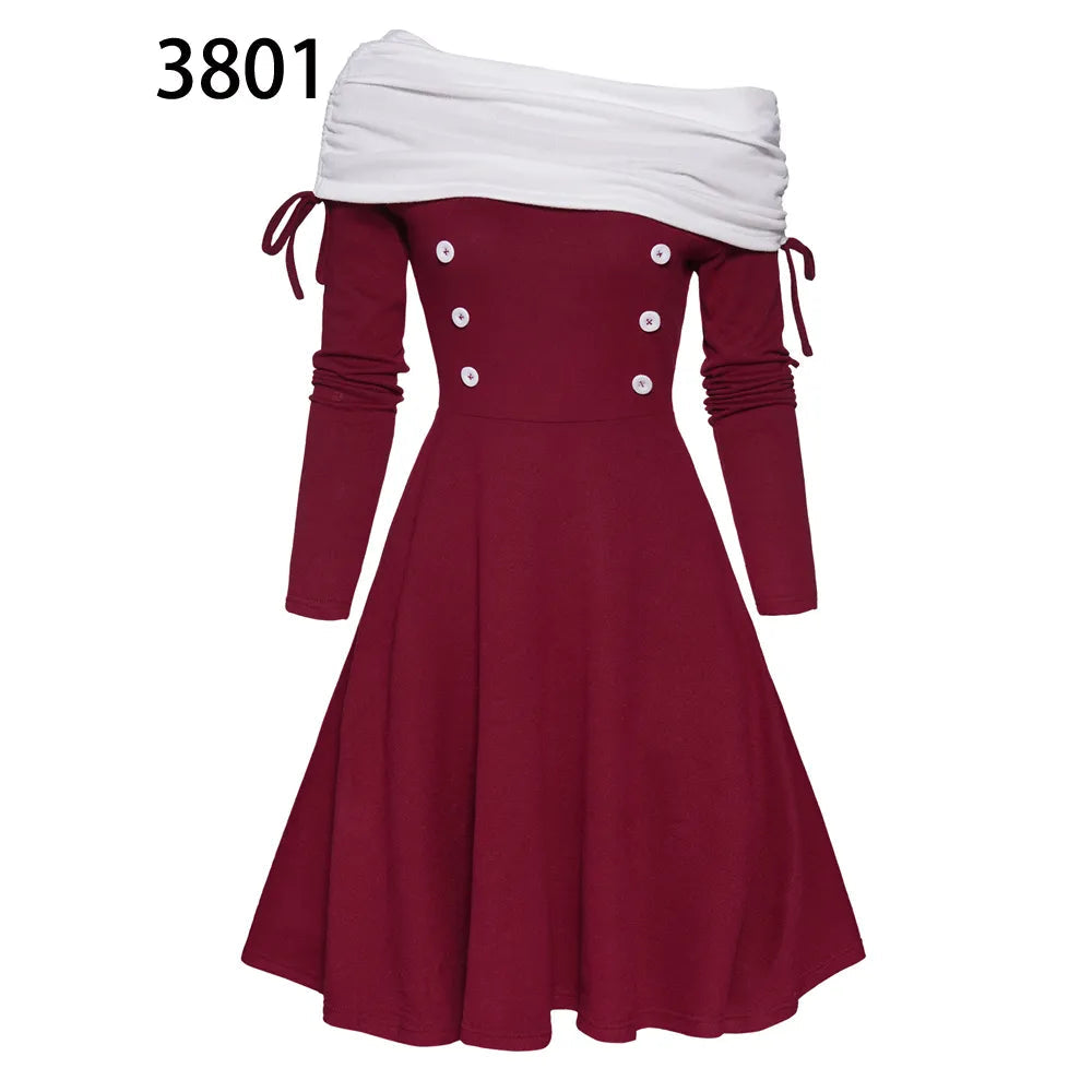 Convertible Cinched Striped Flare Dress Foldover Off The Shoulder Knitted Dresses Women 2024 Long Sleeve Jurken Red3801