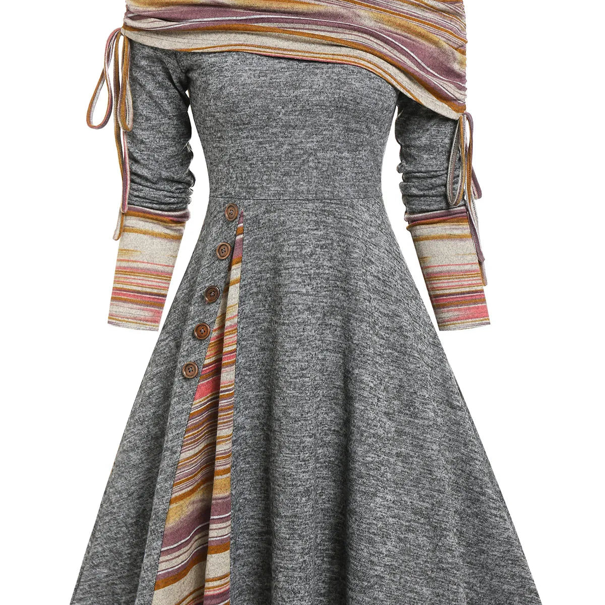 Convertible Cinched Striped Flare Dress Foldover Off The Shoulder Knitted Dresses Women 2024 Long Sleeve Jurken