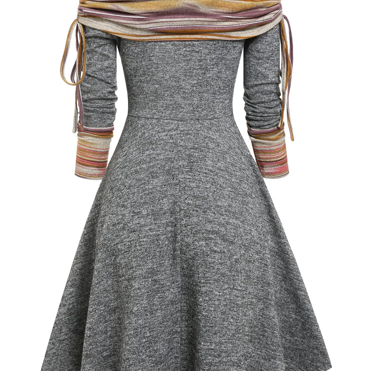 Convertible Cinched Striped Flare Dress Foldover Off The Shoulder Knitted Dresses Women 2024 Long Sleeve Jurken