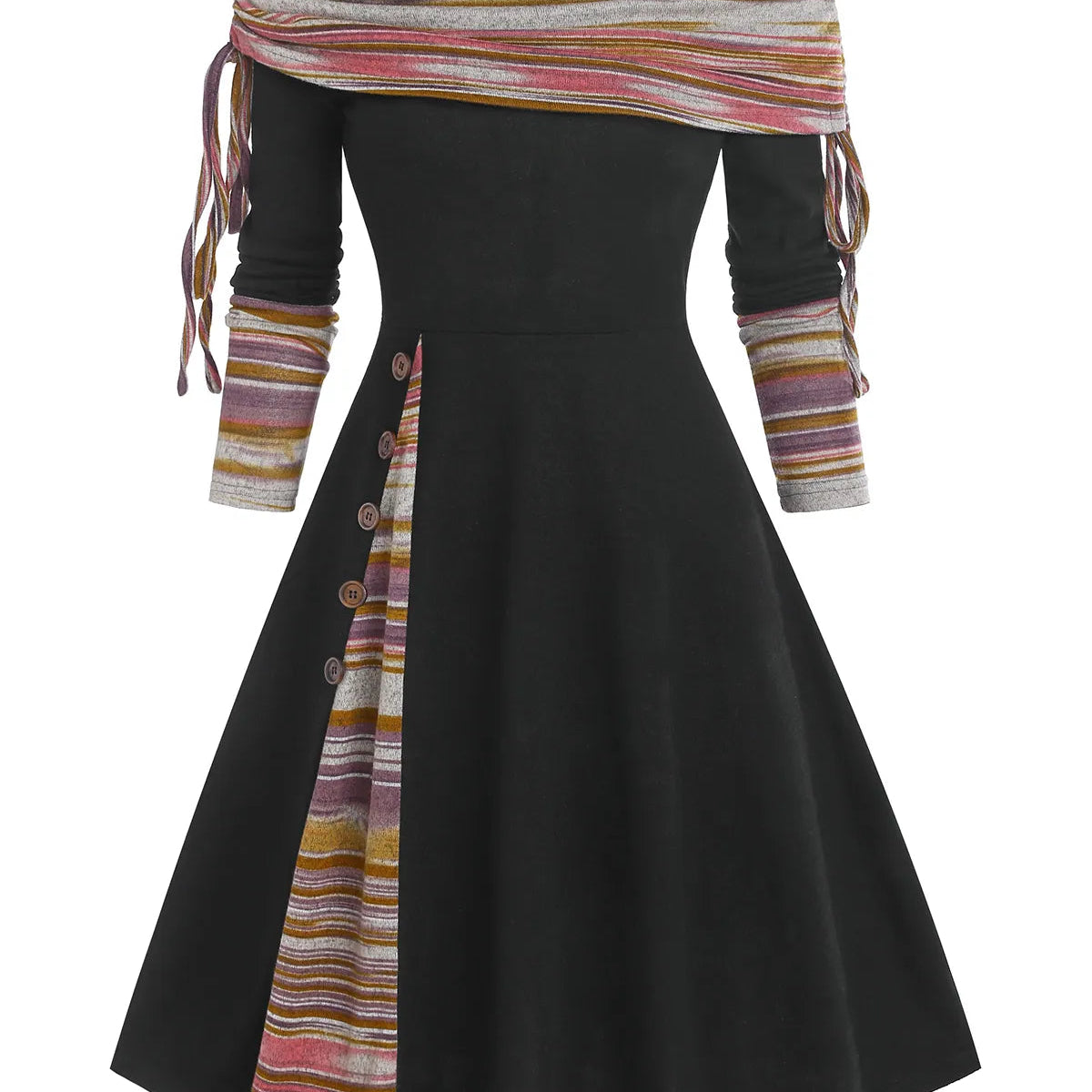 Convertible Cinched Striped Flare Dress Foldover Off The Shoulder Knitted Dresses Women 2024 Long Sleeve Jurken