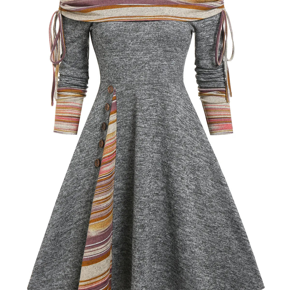 Convertible Cinched Striped Flare Dress Foldover Off The Shoulder Knitted Dresses Women 2024 Long Sleeve Jurken