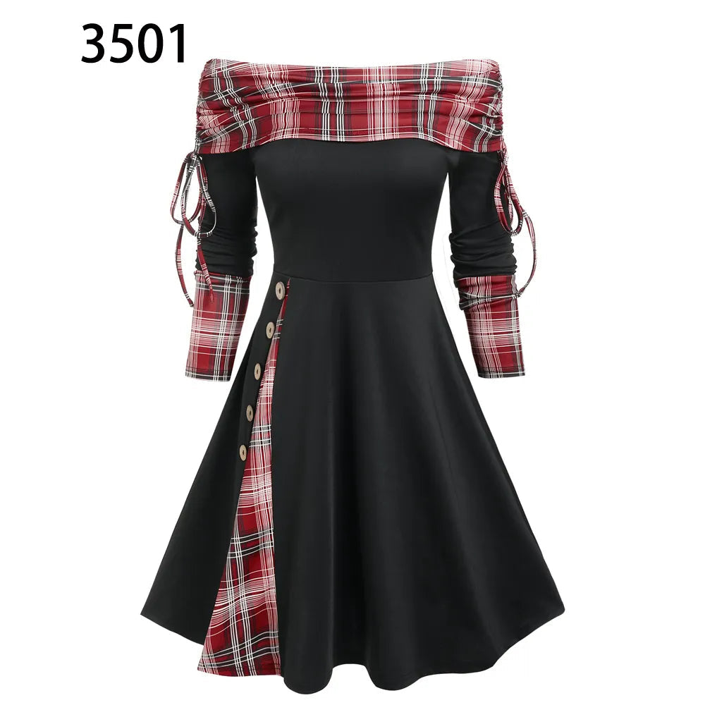Convertible Cinched Striped Flare Dress Foldover Off The Shoulder Knitted Dresses Women 2024 Long Sleeve Jurken Black3501