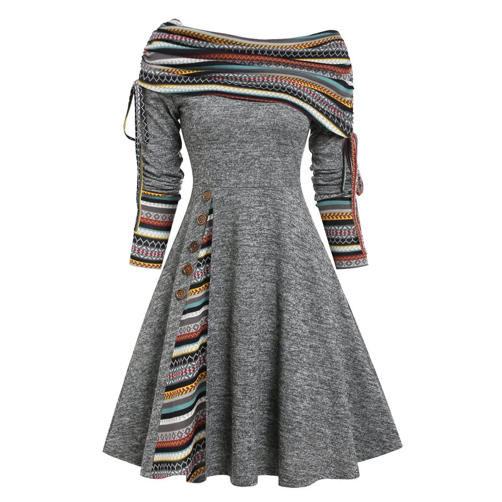 Convertible Cinched Striped Flare Dress Foldover Off The Shoulder Knitted Dresses Women 2024 Long Sleeve Jurken AMAIO