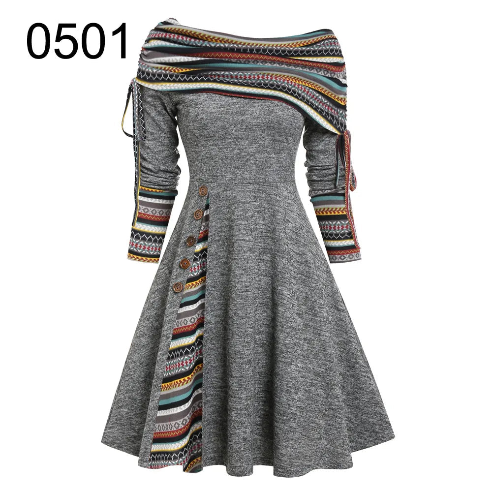 Convertible Cinched Striped Flare Dress Foldover Off The Shoulder Knitted Dresses Women 2024 Long Sleeve Jurken Dark Gray0501