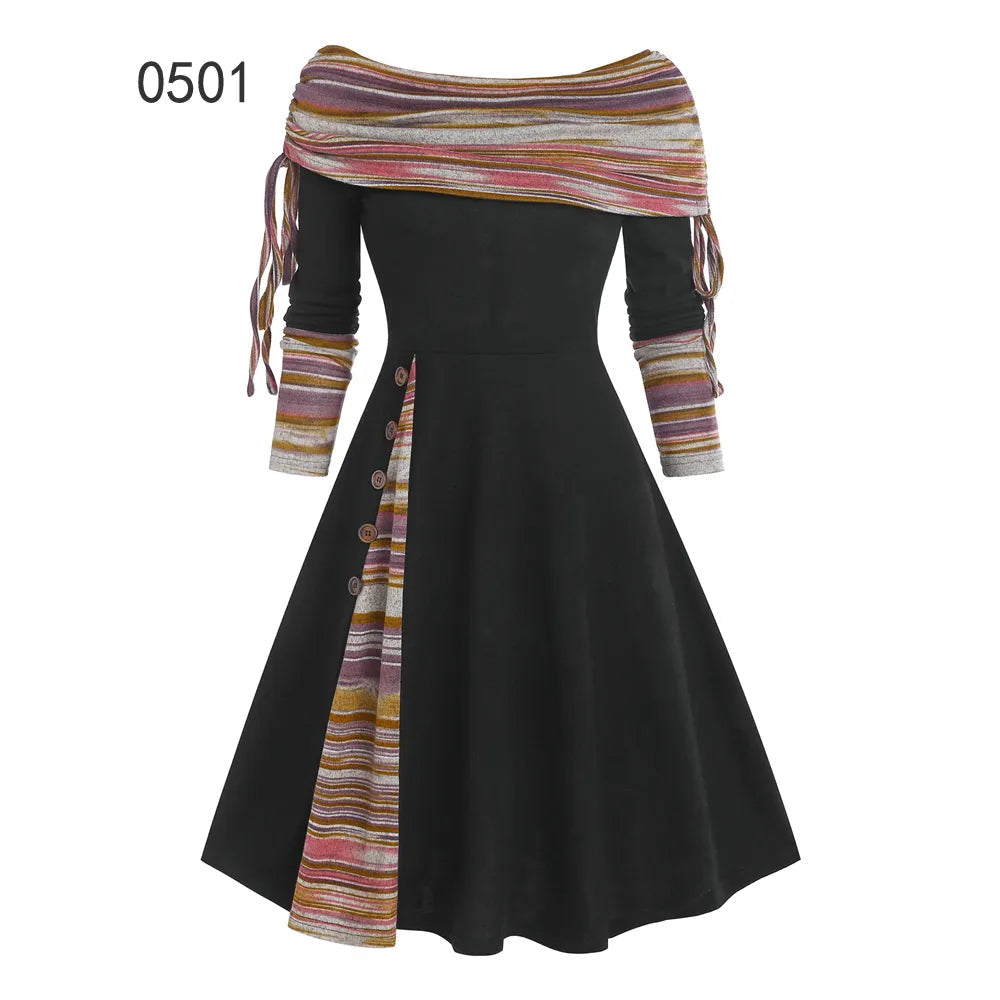 Convertible Cinched Striped Flare Dress Foldover Off The Shoulder Knitted Dresses Women 2024 Long Sleeve Jurken Multi0501