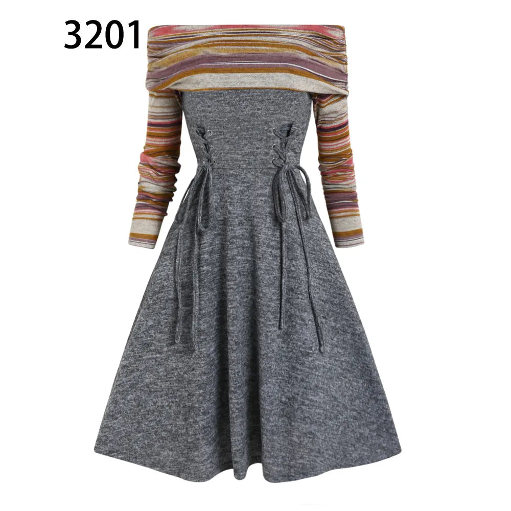 Convertible Cinched Striped Flare Dress Foldover Off The Shoulder Knitted Dresses Women 2024 Long Sleeve Jurken Gray3201
