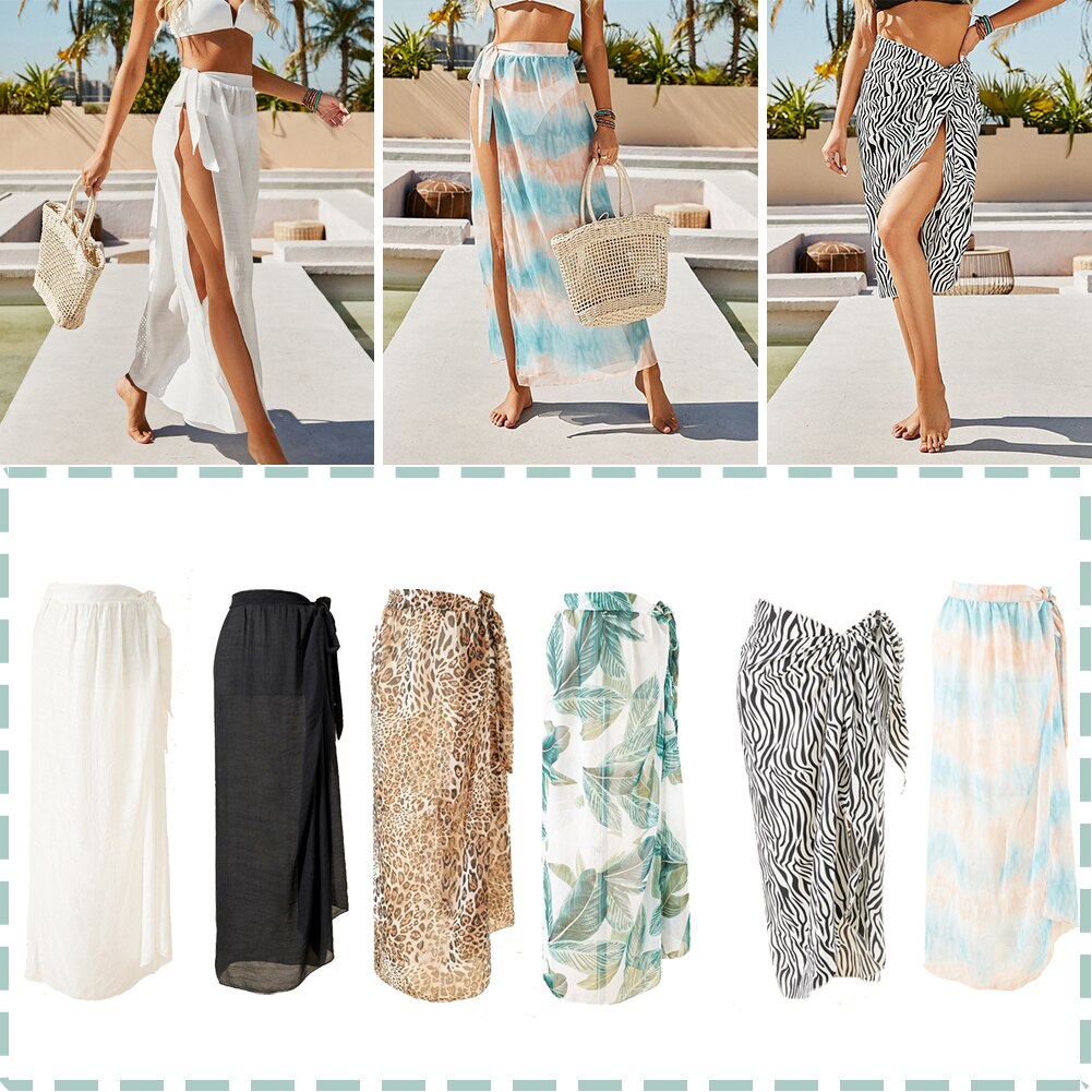 Cover Up Sheer Beach Transparent Chiffon SwimWear Wrap Skirt Long Maxi Skirt Side Split Skirt Sarong Pareo