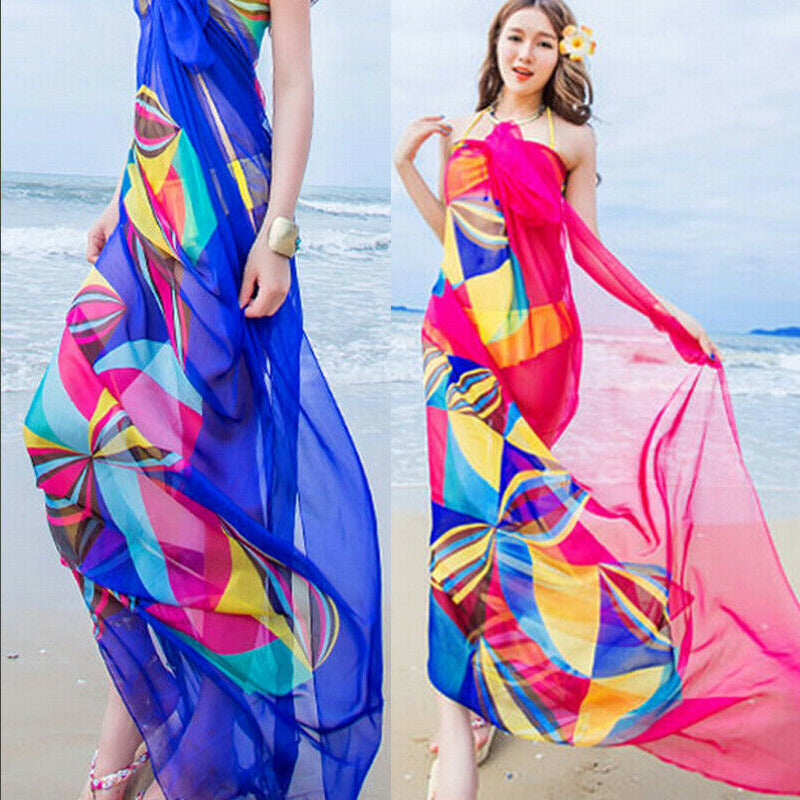 Cover-Ups   Flower Print Women Sexy Chiffon Bikini Cover Up Beach Swimwear Dress Scarf Pareo Sarong Wrap AMAIO