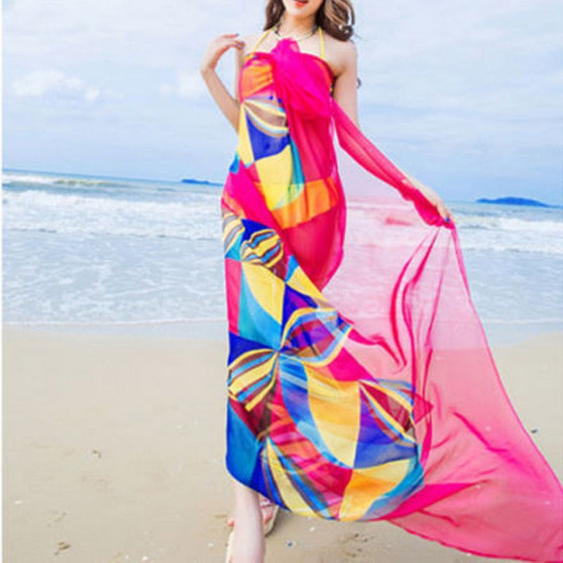 Cover-Ups Flower Print Women Sexy Chiffon Bikini Cover Up Beach Swimwear Dress Scarf Pareo Sarong Wrap