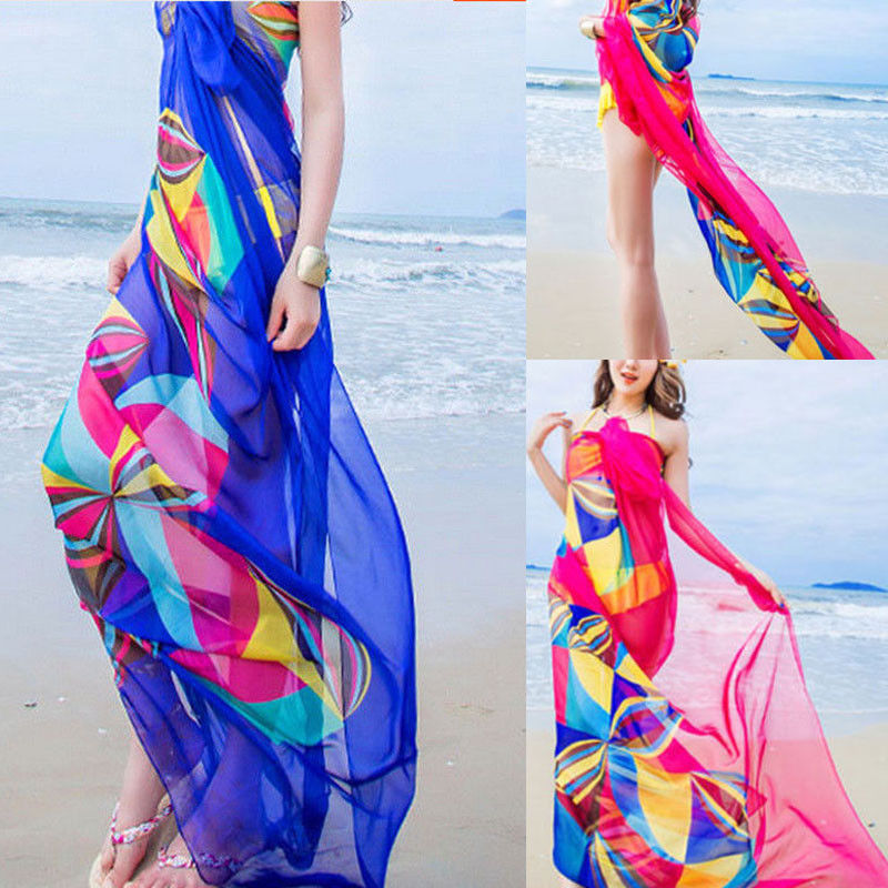 Cover-Ups Flower Print Women Sexy Chiffon Bikini Cover Up Beach Swimwear Dress Scarf Pareo Sarong Wrap