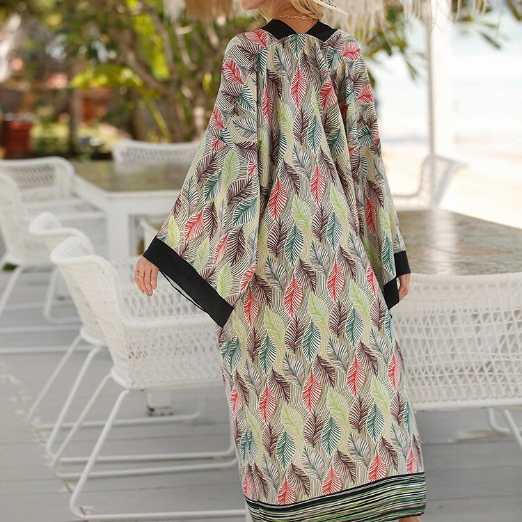 Cover-up Beach Kimono Loose Big Silky Swimsuit Cover up Red Print Swimwear Sarong Kaftans Color 06 One Size