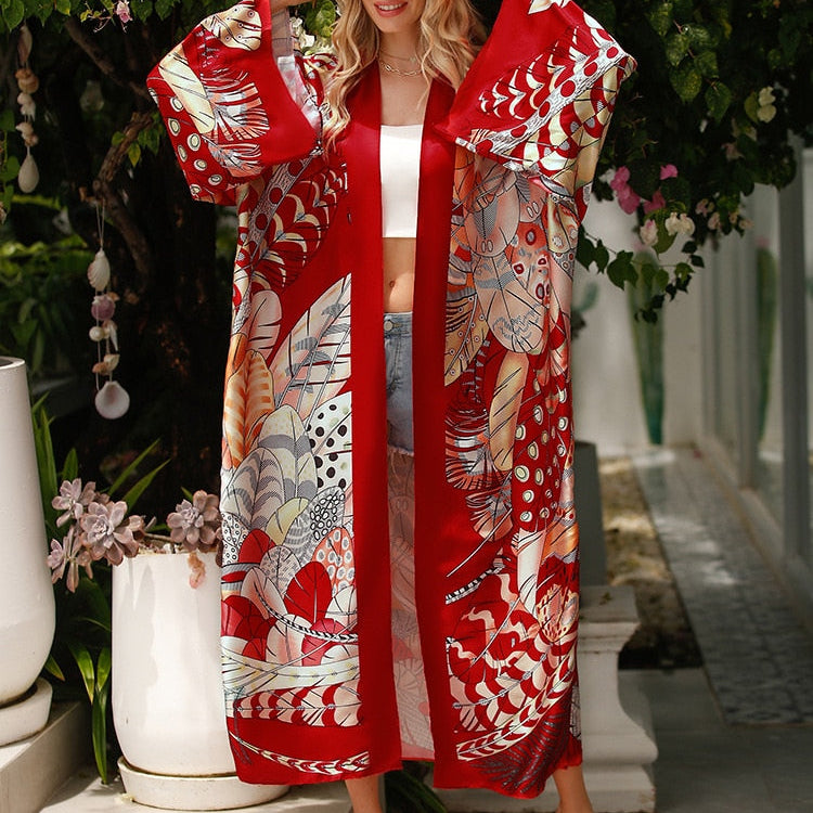 Cover-up Beach Kimono Loose Big Silky Swimsuit Cover up Red Print  Swimwear Sarong Kaftans AMAIO