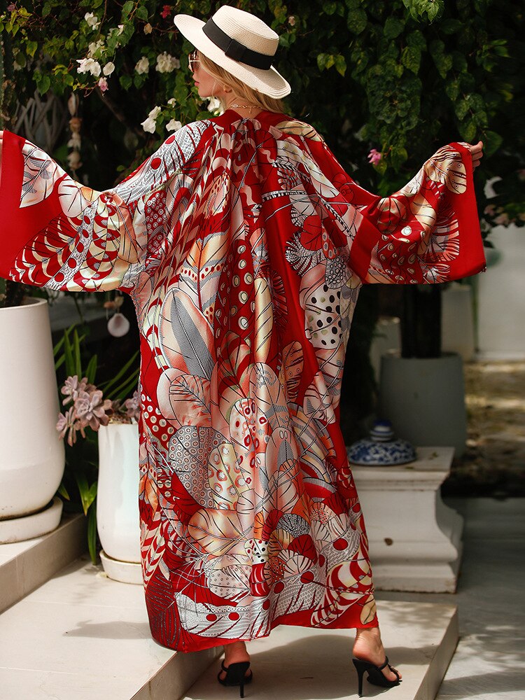 Cover-up Beach Kimono Loose Big Silky Swimsuit Cover up Red Print Swimwear Sarong Kaftans