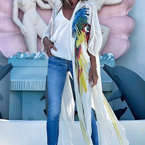 Cover-ups Beach Kimono Green Print Floral Chiffon Boho Tunic For Beach Swimsuit Cover Up Kaftan Over Size Beachwear Pareo White Tops