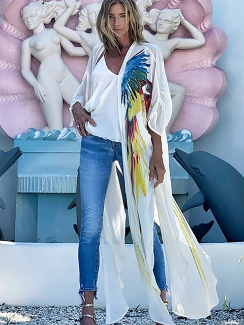 Cover-ups Beach Kimono Green Print Floral Chiffon Boho Tunic For Beach Swimsuit Cover Up Kaftan Over Size Beachwear Pareo White Tops