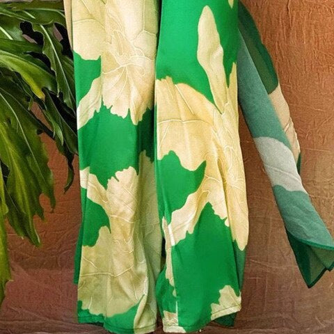 Cover-ups Beach Kimono Green Print Floral Chiffon Boho Tunic For Beach Swimsuit Cover Up Kaftan Over Size Beachwear Pareo Pants Only