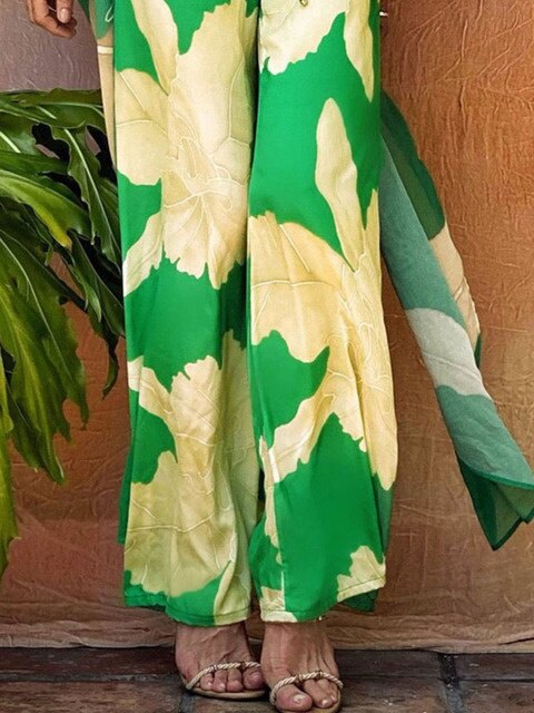 Cover-ups Beach Kimono Green Print Floral Chiffon Boho Tunic For Beach Swimsuit Cover Up Kaftan Over Size Beachwear Pareo Pants Only