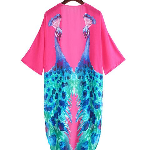 Cover-ups Beach Kimono Green Print Floral Chiffon Boho Tunic For Beach Swimsuit Cover Up Kaftan Over Size Beachwear Pareo Peacock Top