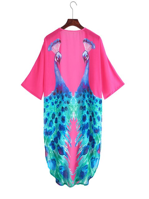 Cover-ups Beach Kimono Green Print Floral Chiffon Boho Tunic For Beach Swimsuit Cover Up Kaftan Over Size Beachwear Pareo Peacock Top