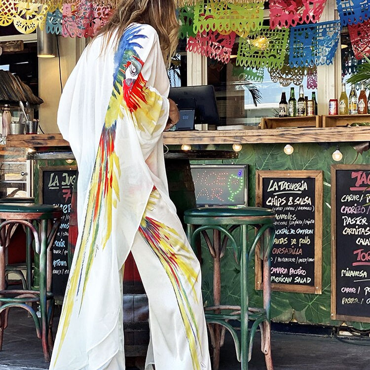 Cover-ups Beach Kimono Green Print Floral Chiffon Boho Tunic For Beach Swimsuit Cover Up Kaftan Over Size Beachwear Pareo