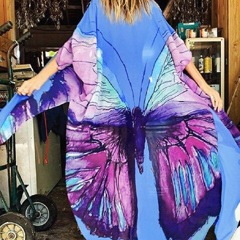 Cover-ups Beach Kimono Green Print Floral Chiffon Boho Tunic For Beach Swimsuit Cover Up Kaftan Over Size Beachwear Pareo Butterfly Top