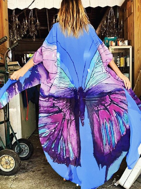 Cover-ups Beach Kimono Green Print Floral Chiffon Boho Tunic For Beach Swimsuit Cover Up Kaftan Over Size Beachwear Pareo Butterfly Top