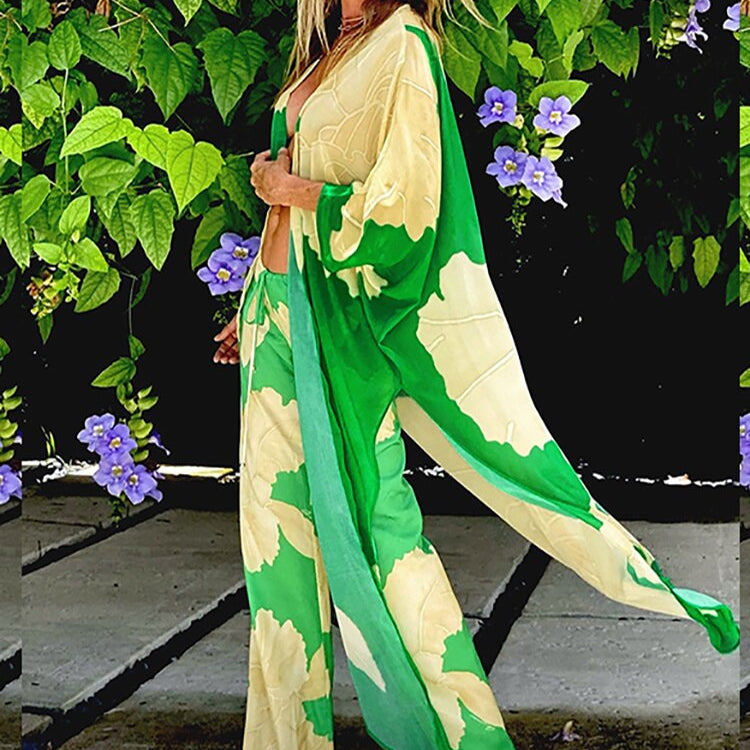 Cover-ups Beach Kimono Green Print Floral Chiffon Boho Tunic For Beach Swimsuit Cover Up Kaftan Over Size Beachwear Pareo