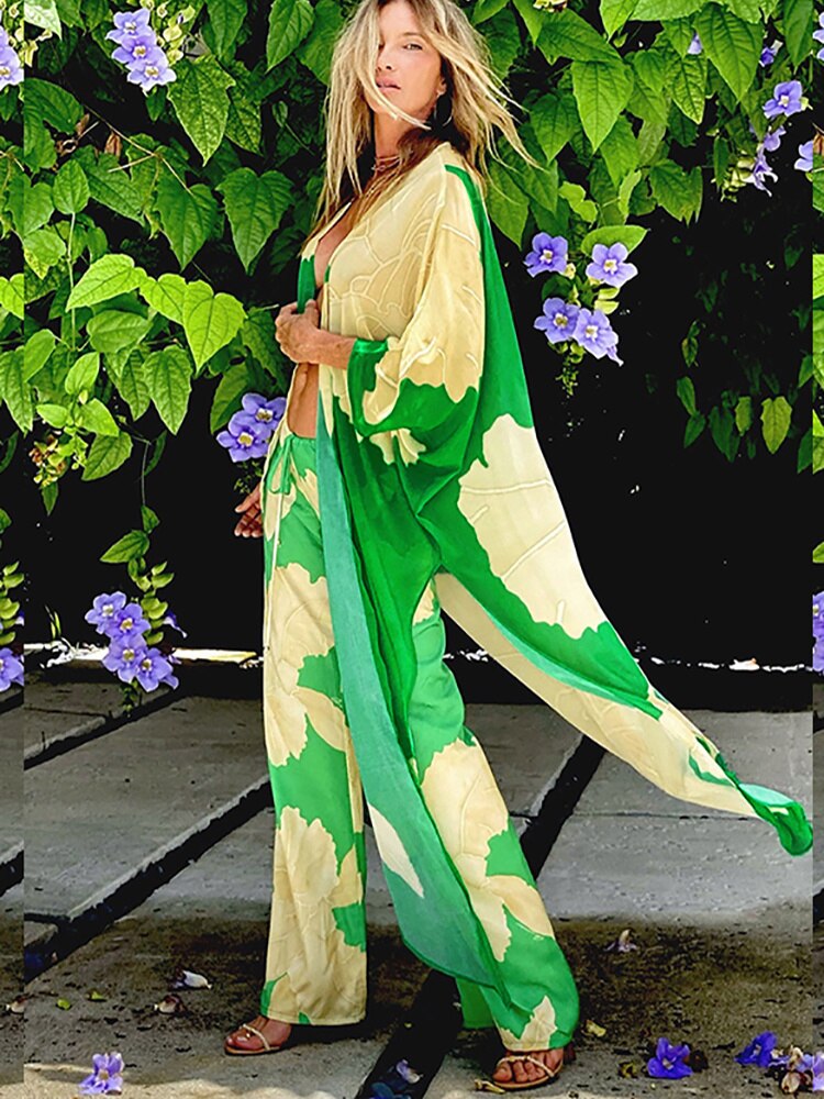 Cover-ups Beach Kimono Green Print Floral Chiffon Boho Tunic For Beach Swimsuit Cover Up Kaftan Over Size Beachwear Pareo