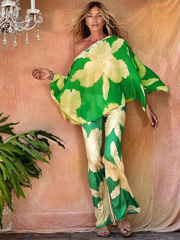 Cover-ups Beach Kimono Green Print Floral Chiffon Boho Tunic For Beach Swimsuit Cover Up Kaftan Over Size Beachwear Pareo