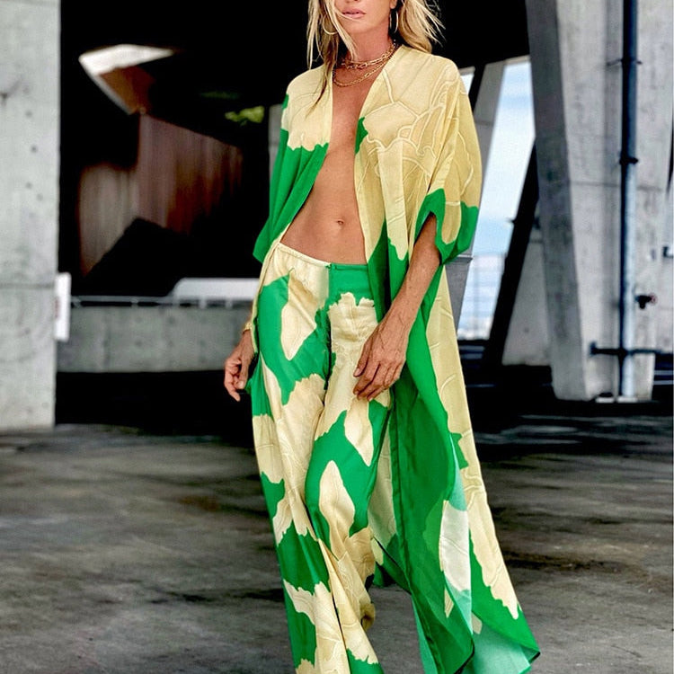 Cover-ups Beach Kimono Green Print Floral Chiffon Boho Tunic For Beach Swimsuit Cover Up Kaftan Over Size Beachwear Pareo AMAIO