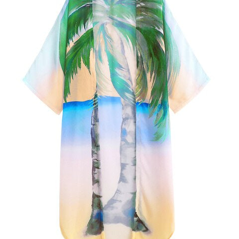 Cover-ups Beach Kimono Green Print Floral Chiffon Boho Tunic For Beach Swimsuit Cover Up Kaftan Over Size Beachwear Pareo Coconut Tops