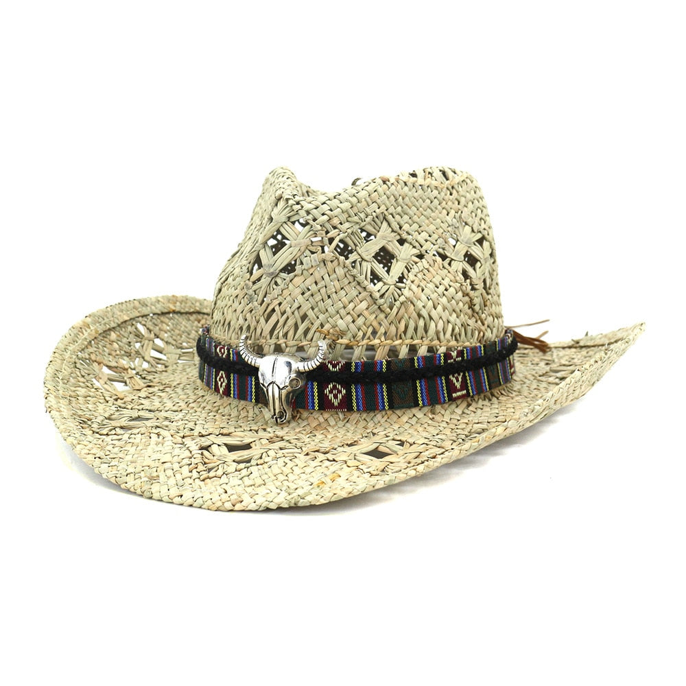 Cowboy hat fashion hollow handmade cowboy straw hat men&#39;s summer outdoor travel beach hat unisex solid color western cowboy hat AMAIO