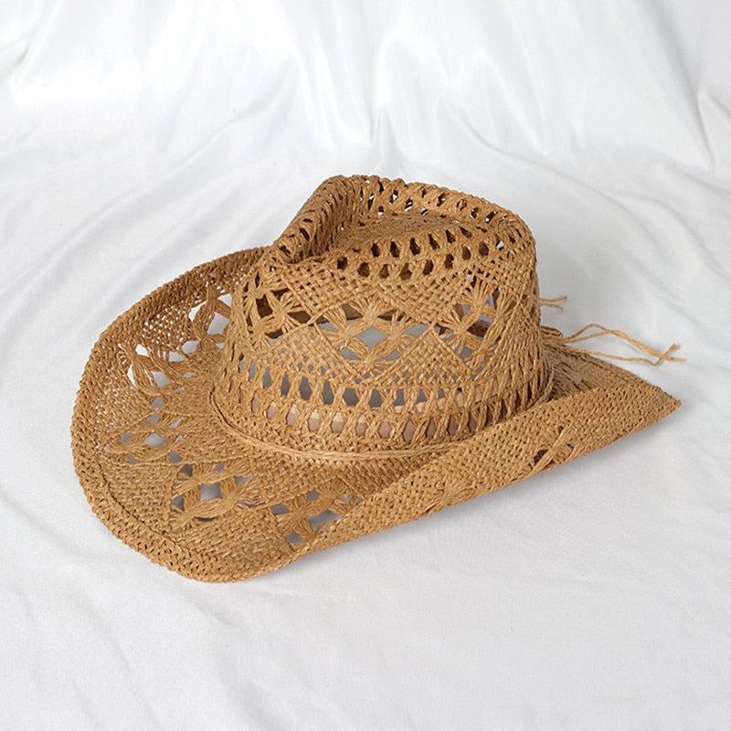 Cowboy hat fashion hollow handmade cowboy straw hat men&#39;s summer outdoor travel beach hat unisex solid color western cowboy hat AMAIO