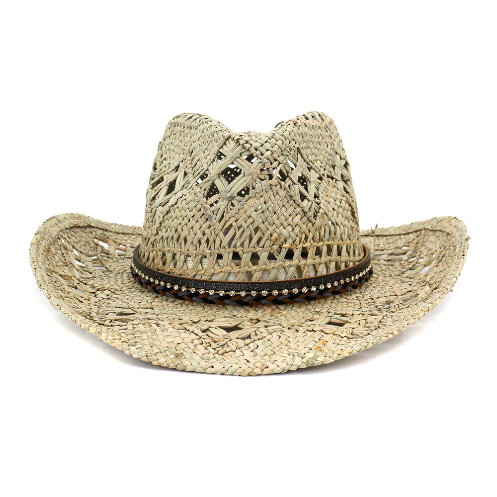 Cowboy hat fashion hollow handmade cowboy straw hat men&#39;s summer outdoor travel beach hat unisex solid color western cowboy hat AMAIO