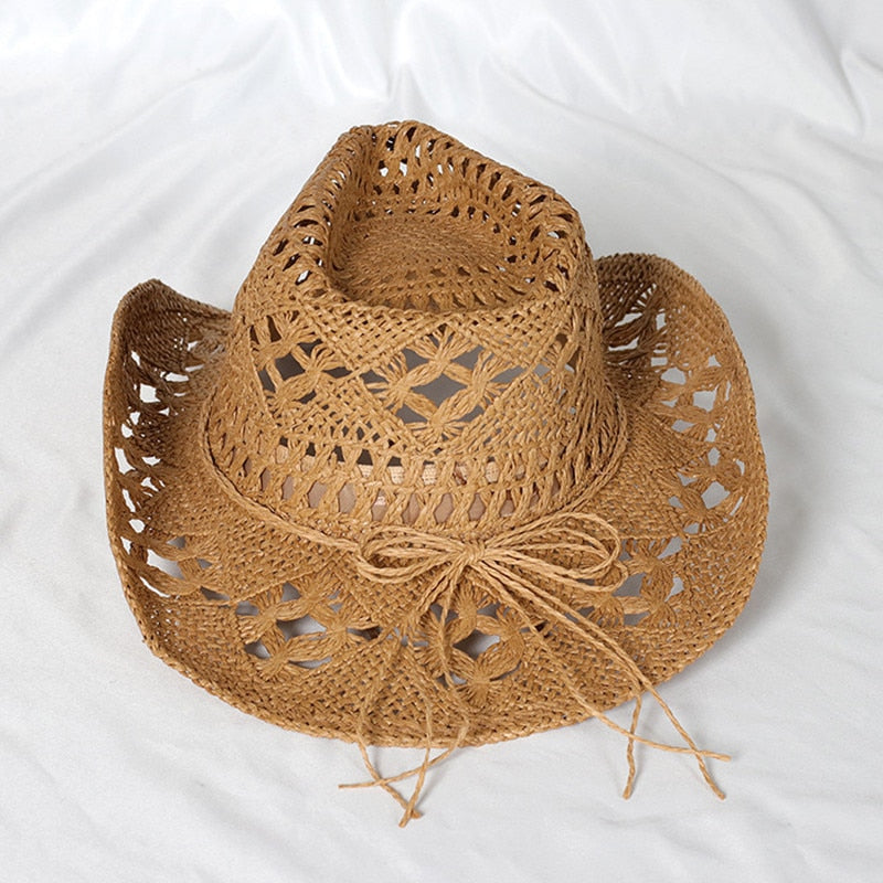 Cowboy hat fashion hollow handmade cowboy straw hat men&#39;s summer outdoor travel beach hat unisex solid color western cowboy hat AMAIO