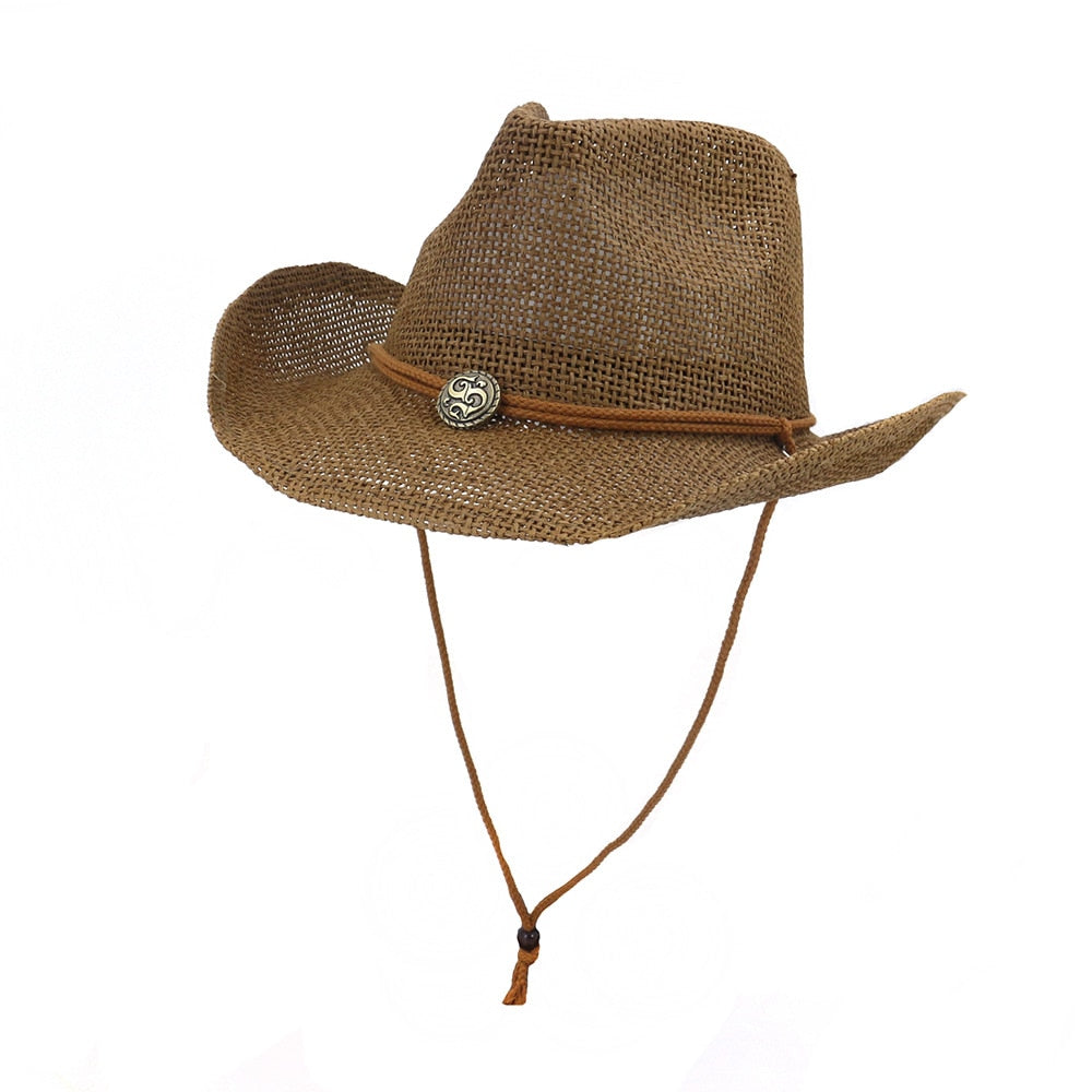 Cowboy hat fashion hollow handmade cowboy straw hat men&#39;s summer outdoor travel beach hat unisex solid color western cowboy hat AMAIO