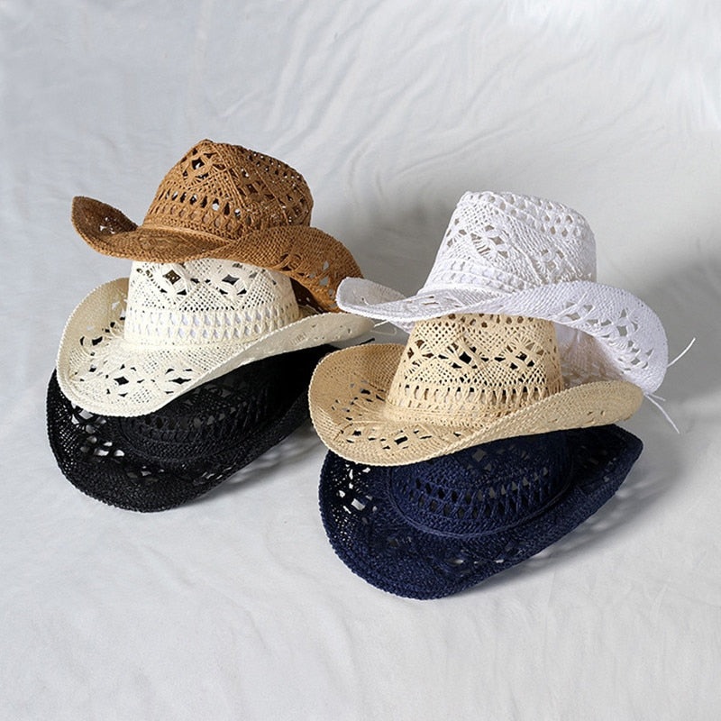 Cowboy hat fashion hollow handmade cowboy straw hat men&#39;s summer outdoor travel beach hat unisex solid color western cowboy hat AMAIO