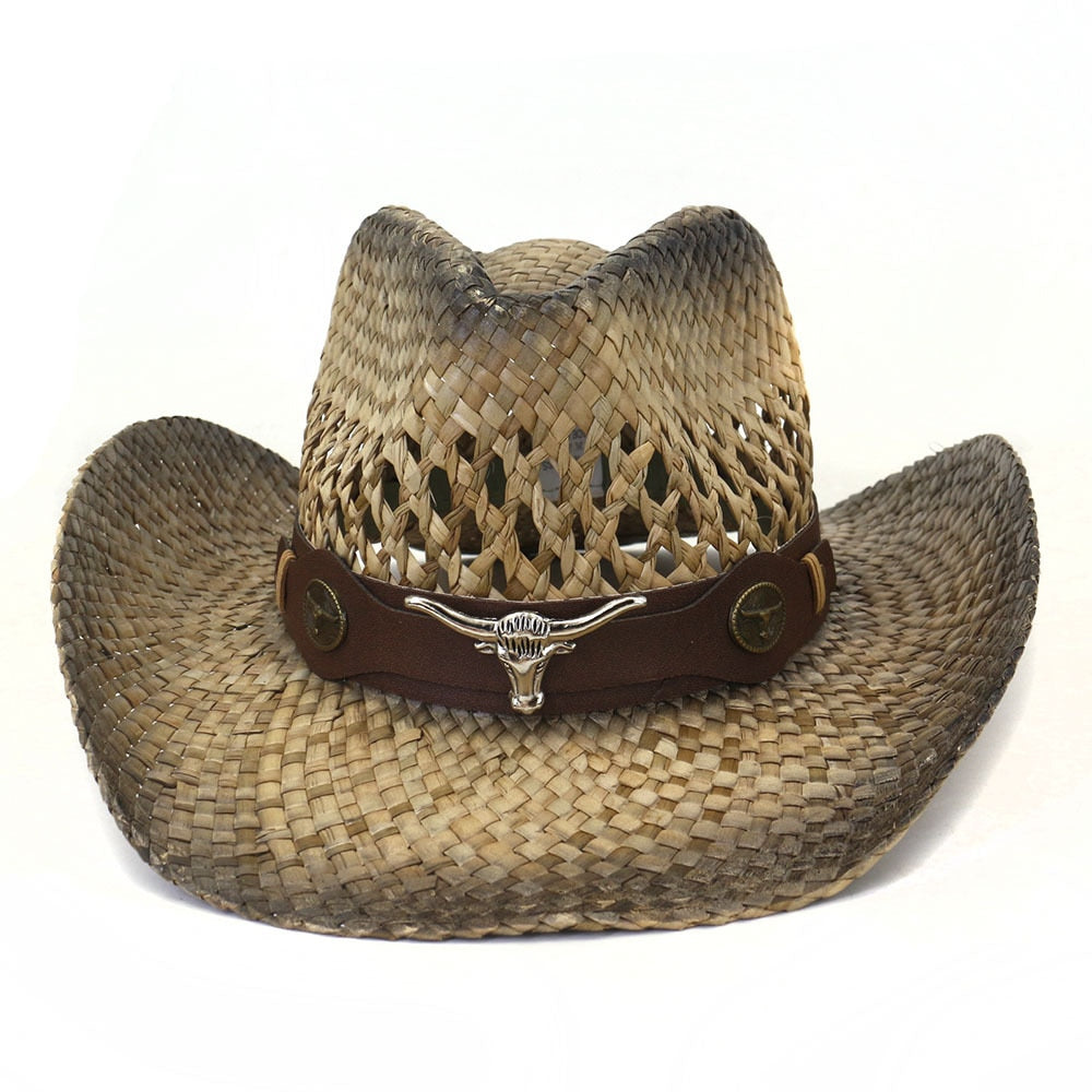 Cowboy hat fashion hollow handmade cowboy straw hat men&#39;s summer outdoor travel beach hat unisex solid color western cowboy hat AMAIO