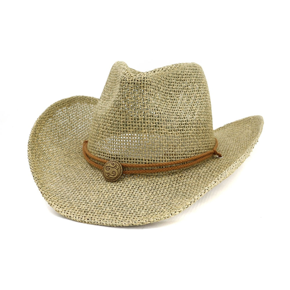Cowboy hat fashion hollow handmade cowboy straw hat men&#39;s summer outdoor travel beach hat unisex solid color western cowboy hat AMAIO